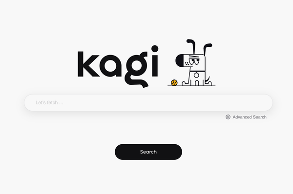 A screenshot of the kagi.com homepage. It's a search engine homepage, similar to google, but instead with the Kagi logo.